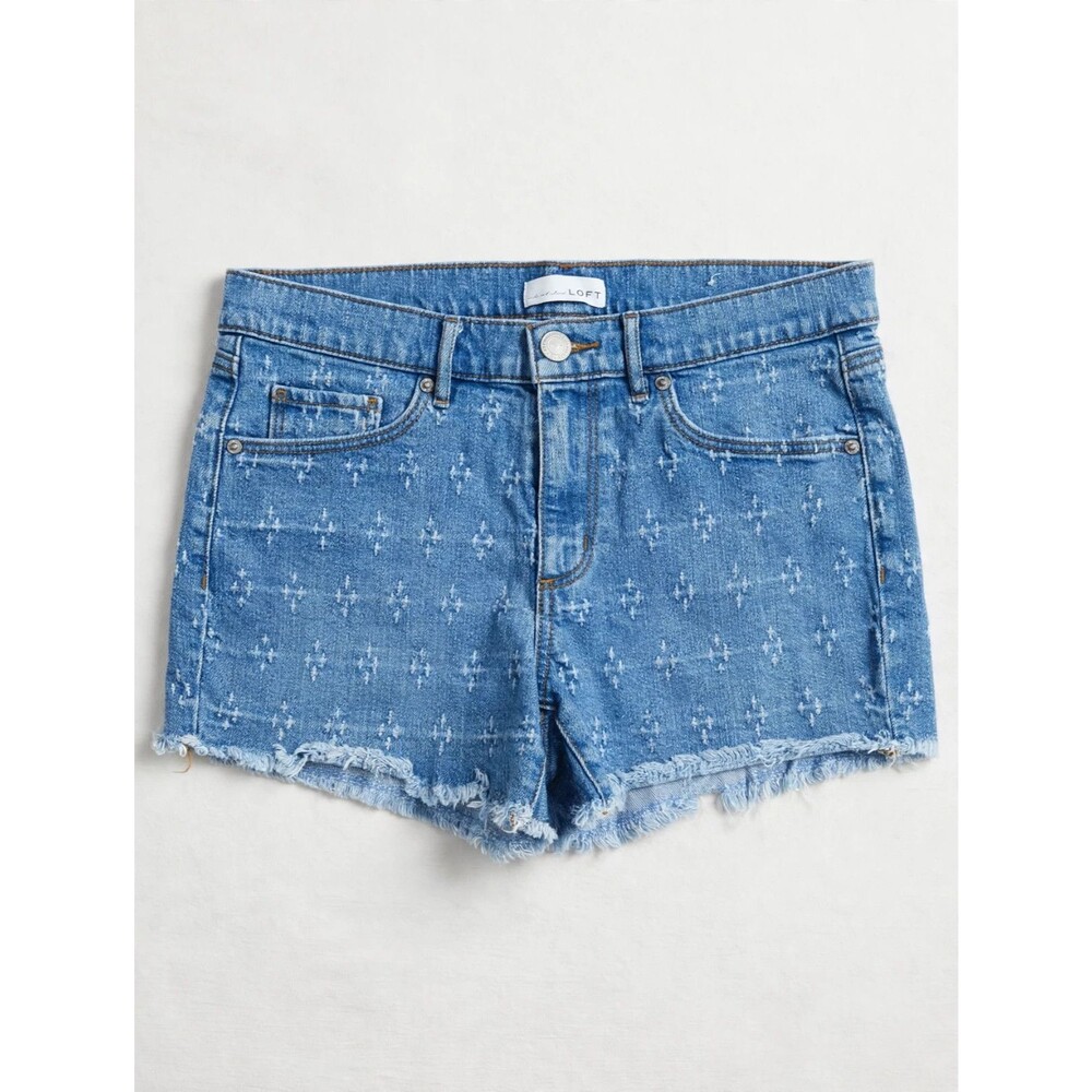 LOFT Womens 27 Denim Shorts Blue White Star Print Frayed Hem Button Fly Cutoffs